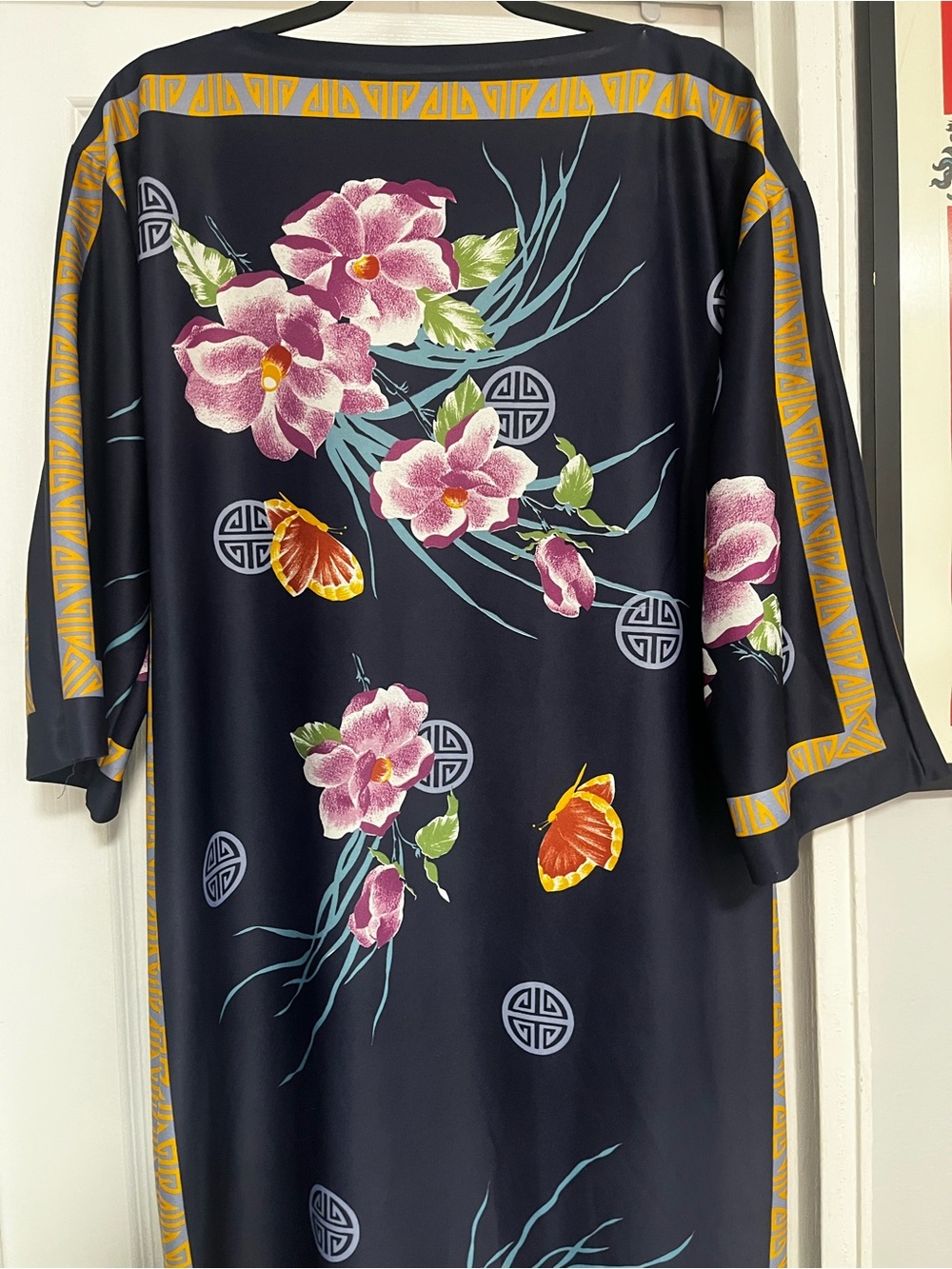 NWOT Source Unknown Navy Maxi Dress with Purple Floral Print and Gold Trim - Picture 5 of 6
